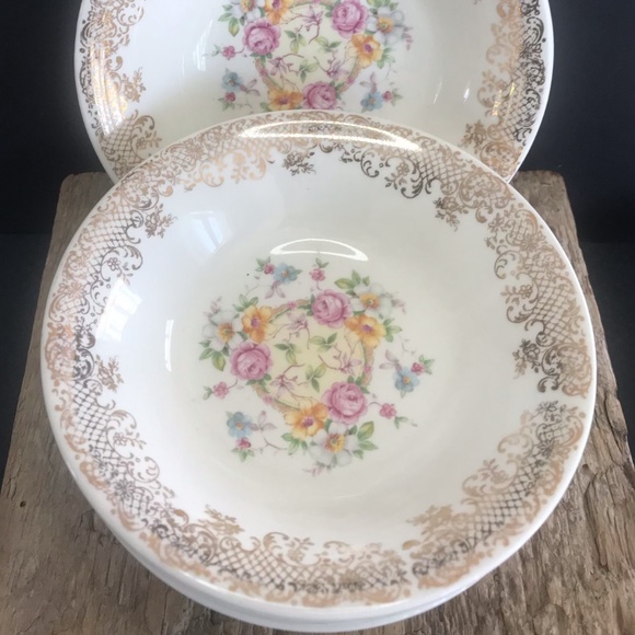 6 Shabby Chic Floral Gold Rimmed Small Bowls - Picture 2 of 7